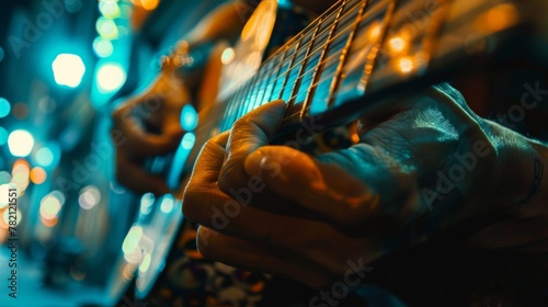 Guitarist Playing in Urban Night Lights photo
