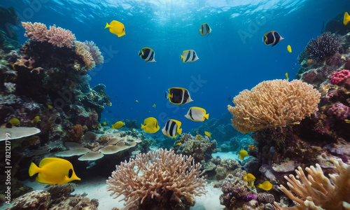 The image features a school of colorful fish swimming around a coral reef in clear blue water.