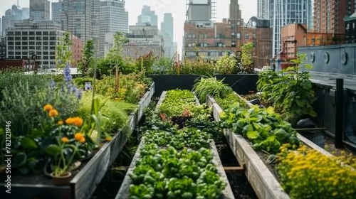 Discover the charm of urban farming with a rooftop garden scene, where verdant greenery thrives amidst concrete jungles, symbolizing the farm-to-table movement.