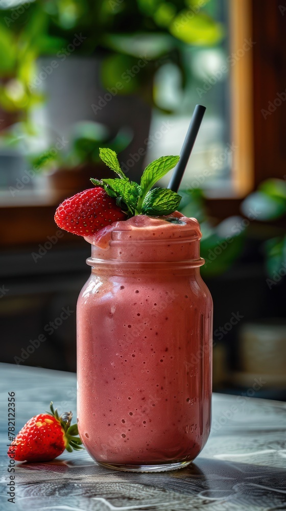Refreshing strawberry-banana smoothie in a glass bottle. Drink photography Refreshing strawberry-banana smoothie in a glass bottle. Drink photography