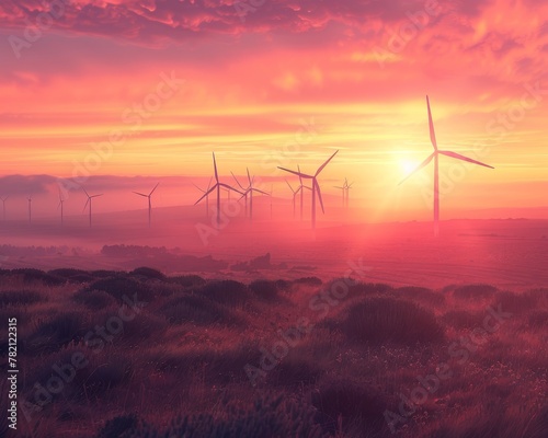 Witness the beauty of sunrise as wind turbines stand tall, symbolizing renewable energy and a greener tomorrow.