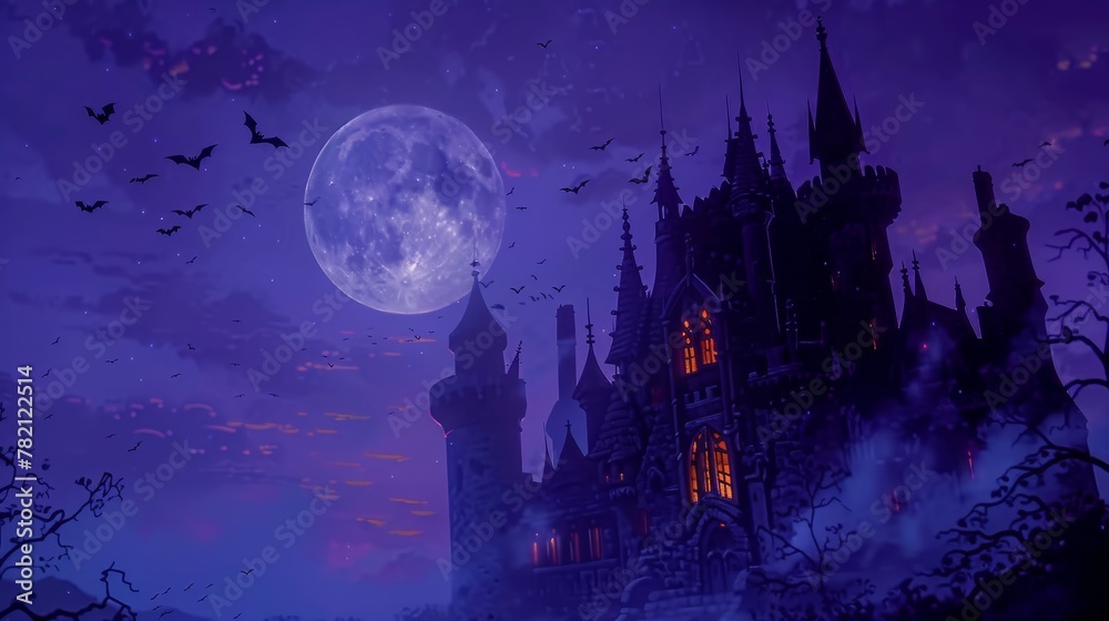 Enchanted Castle with Moonlight and Bats Silhouette