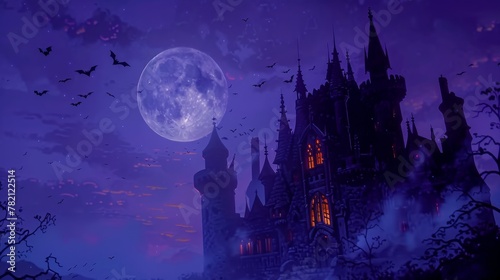 Enchanted Castle with Moonlight and Bats Silhouette © Parintron