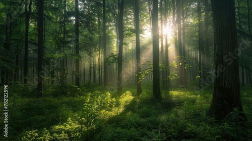 Sunrays piercing through a foggy forest - Mystical morning scene as the sun s rays cut through the fog in a lush  green forest  creating a tranquil ambiance