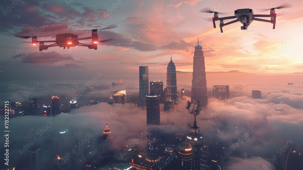 Drones flying over a cloud-engulfed city at dusk - Surveillance drones hover above a mystical cityscape blanketed in clouds, reflecting the twilights of dusk - obrazy, fototapety, plakaty 
