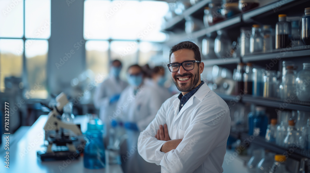 Smiling Scientist with Colleagues in Research Laboratory. Smiling Scientist with Colleagues in Research Laboratory.