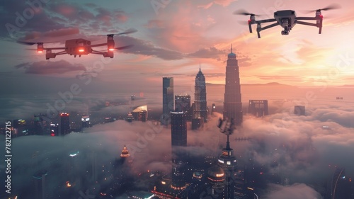 Drones flying over a cloud-engulfed city at dusk - Surveillance drones hover above a mystical cityscape blanketed in clouds, reflecting the twilights of dusk photo