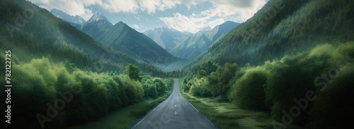 Open road through lush greenery, forest, flanked by trees under cloud sky, leads towards rolling hills and mountains in majestic beautiful landscape. Country side road with natural scenery.