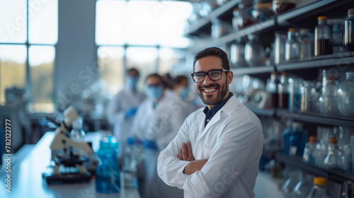 Smiling Scientist with Colleagues in Research Laboratory.