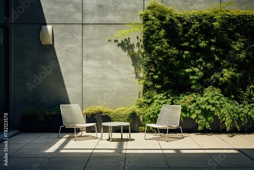 two stools on a terrace against concrete wall photo