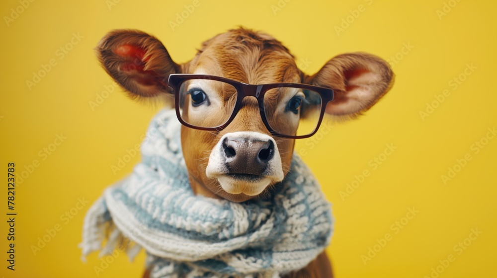 Funny cow calf wearing warm scarf and glasses on bright background as clever approach to dairy industry goods and products