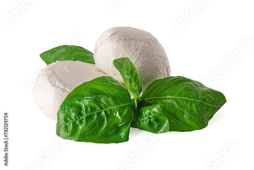fresh mozzarella and basil leaves isolated on white
