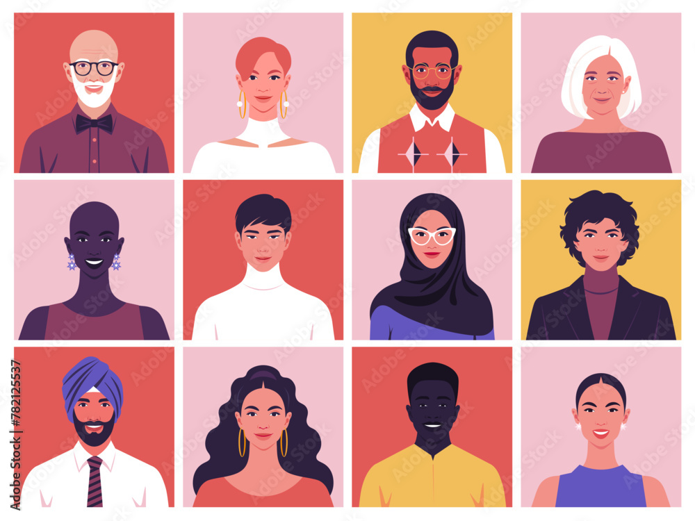 Obraz premium A set of smiling faces of people of different races and nations. Diversity. Happy modern young and old person avatars. Society and population. Vector flat Illustration