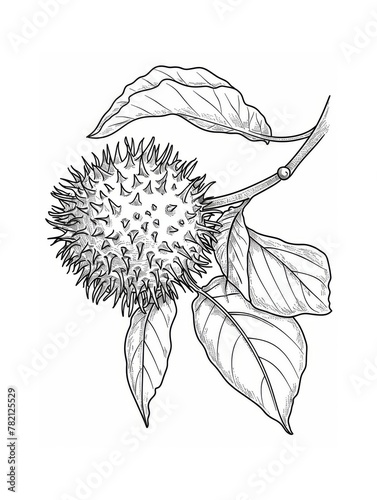 Detailed illustration of a spiky seed pod hanging from a tree branch surrounded by green leaves. An intricate drawing showcasing a round seed pod adorned with sharp spikes. 