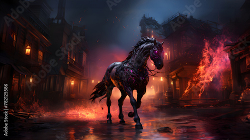 Cybernetic steed in dystopian cityscape: A merger of animal power and high-tech fantasy © Hussein