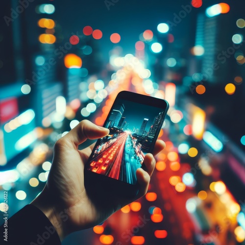 Close-up of a smartphone in a hand, lots of bokeh in the background