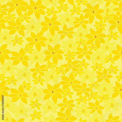 Hand drawn yellow daffodils overlapping eachother on a light yellow background. Like a ray of sunshine. vector repeat pattern
