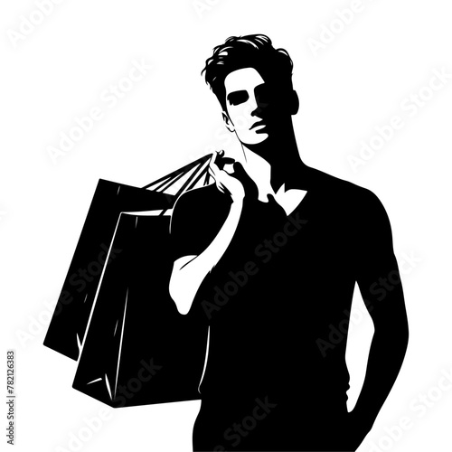 Young handsome man holding and posing with shopping bag vector black color silhouette, Black color silhouette, isolated white background (23)