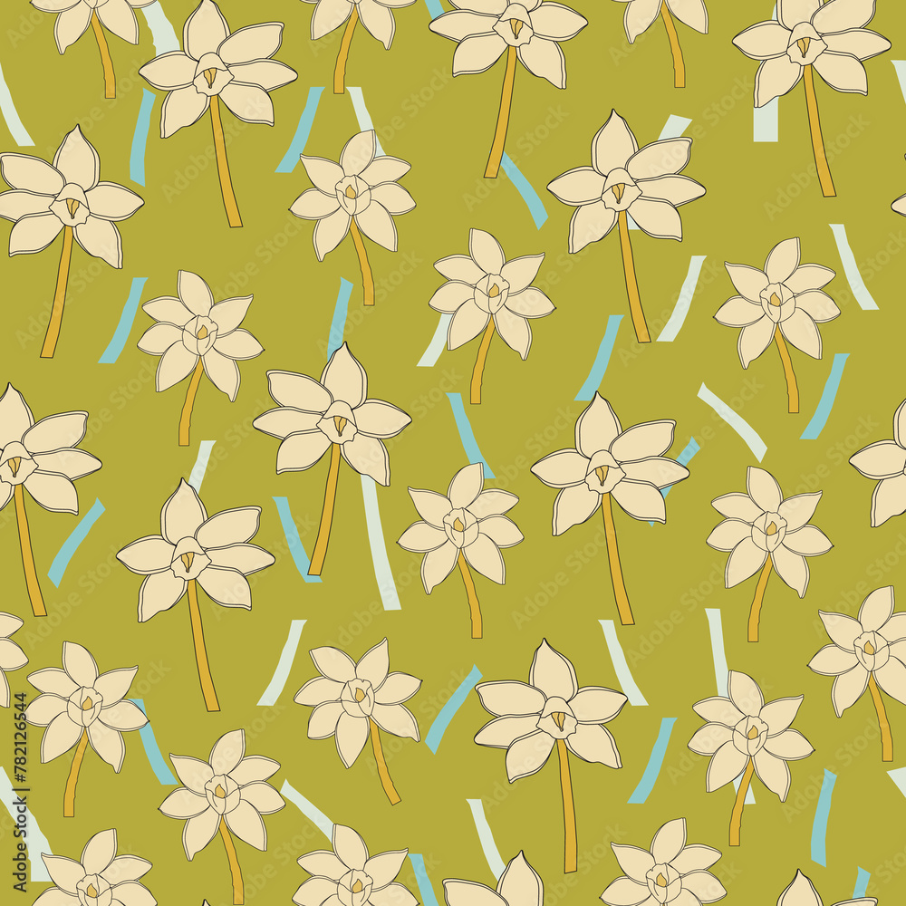 Yellow and orange hand drawn daffodils on green background with blue confetti vector repeat pattern Yellow and orange hand drawn daffodils on green background with blue confetti vector repeat pattern