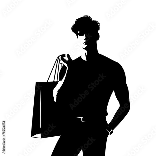 Young handsome man holding and posing with shopping bag vector black color silhouette, Black color silhouette, isolated white background (31)