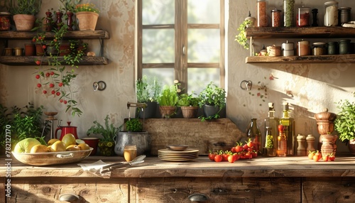 Rustic Kitchen Charm, Capture the cozy and inviting atmosphere of a rustic kitchen with images featuring wooden countertops, vintage cookware, and fresh ingredients
