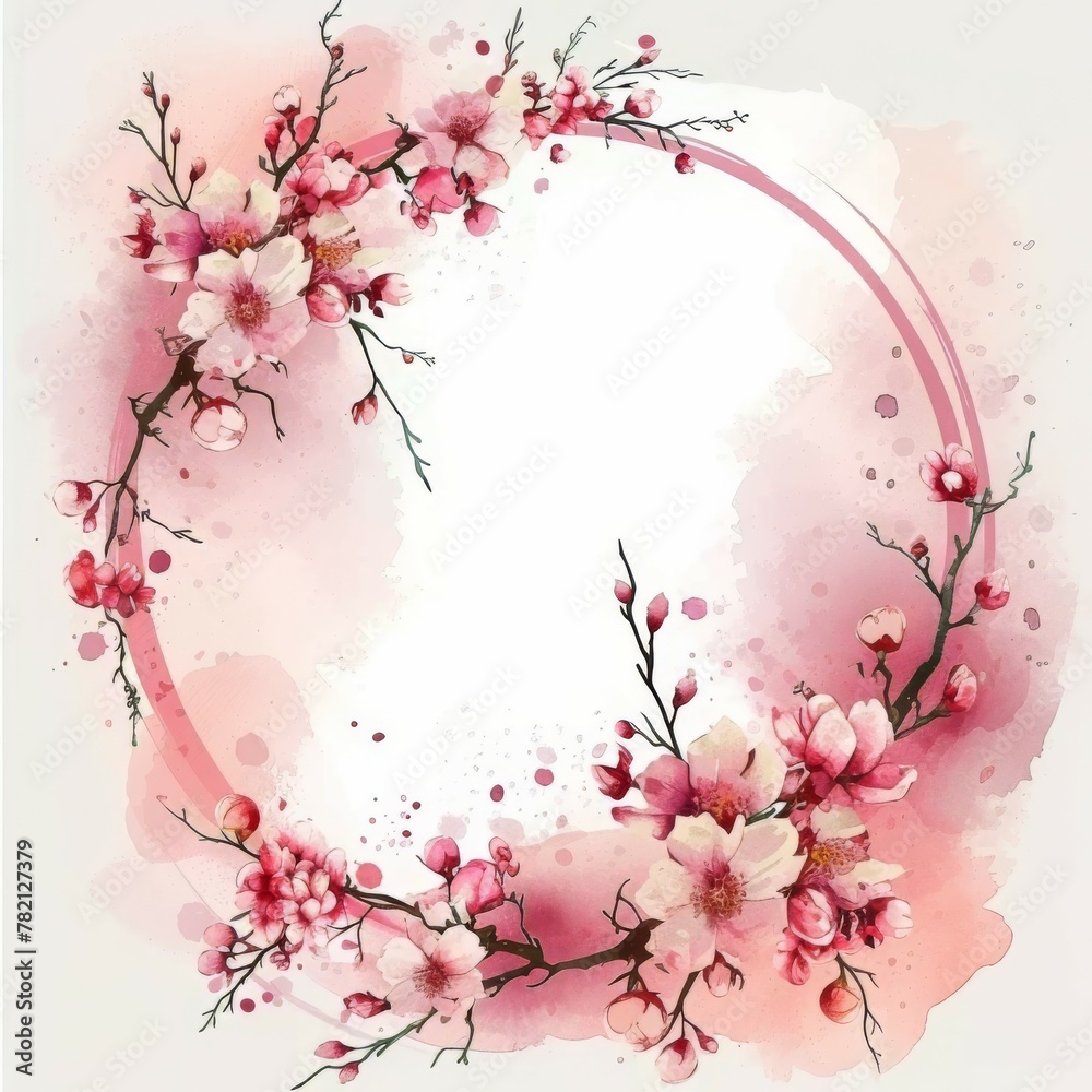 Watercolor Flower Frame with Cherry Blossoms