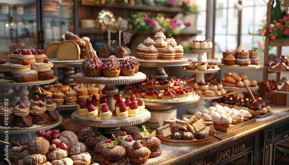 Bakery Delights Display, Highlight the tempting array of baked goods in a bakery display with images of cakes, pastries, and breads arranged on tiered stands and platters