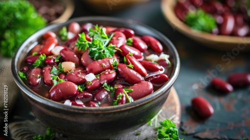 Red Canned beans with fresh green parsley AI generated