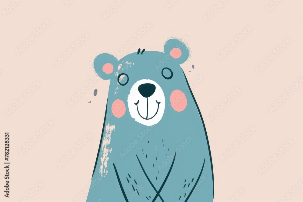 Happy Blue Bear with Pink Eyes Smiling in Cute Illustration for Children's Book or Nursery Decor