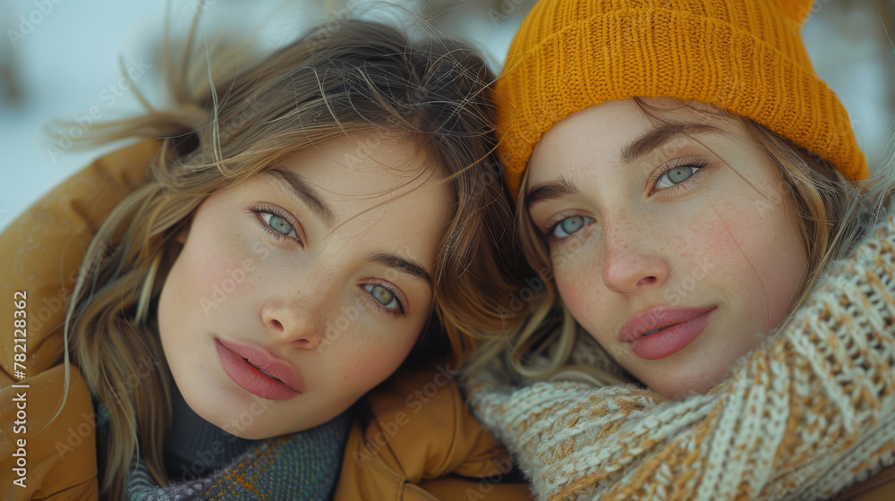 Photo of two young cute funny women friends outdoors in park make selfie looking camera