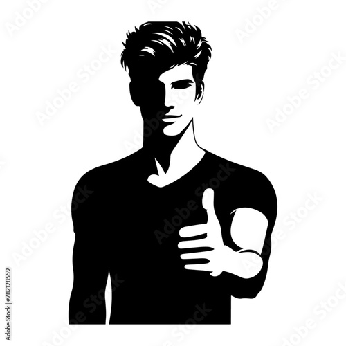 Young handsome smiling man with thumbs up because something good has happened vector black color silhouette, Black color silhouette, isolated white background (51)