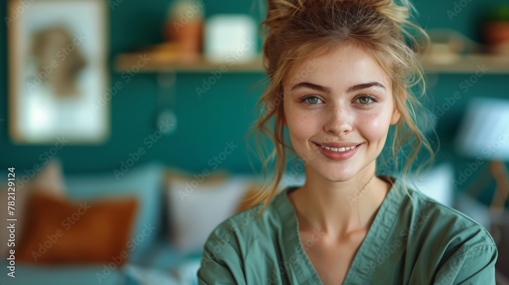 Fototapeta premium Photo of young woman happy positive smile folded hands intern medic isolated over teal color background.