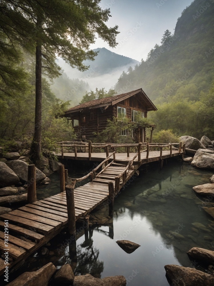 Serene, tranquil scene unfolds, where wooden cabin nestled amidst lush greenery, surrounded by towering mountains veiled in gentle mist. Cabin, constructed of rich, dark wood. Serene, tranquil scene unfolds, where wooden cabin nestled amidst lush greenery, surrounded by towering mountains veiled in gentle mist. Cabin, constructed of rich, dark wood.