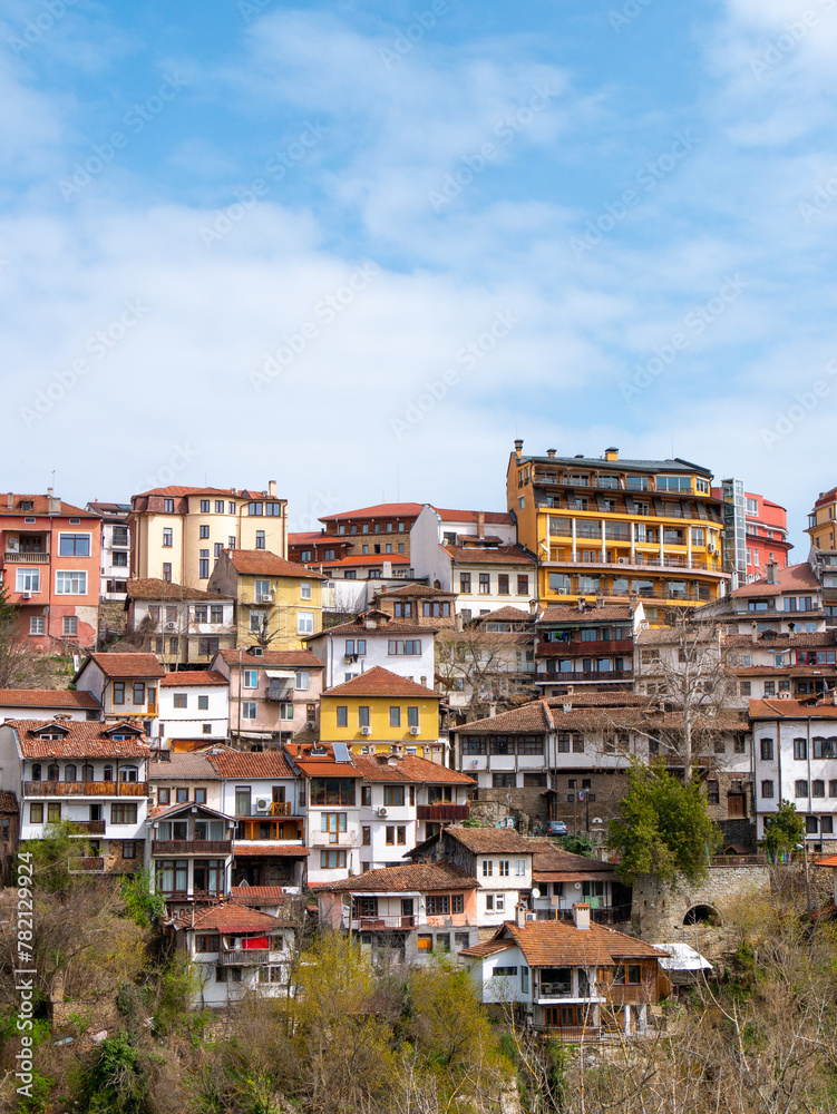 Colourful houses in Veliko Tarnovo, Bulgaria on a bright morning - Portrait shot