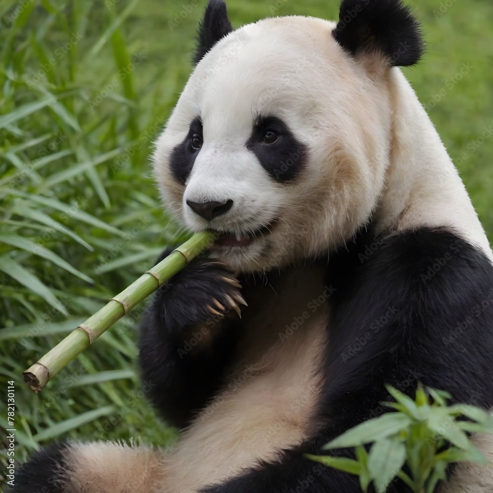 Naklejka premium Giant Panda Enjoying A Fresh Bamboo Meal Amidst Lush Greenery. Panda Eats
