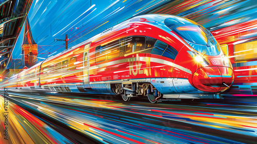 A train is shown in motion with a blurred background. The train is red and white and he is traveling at high speed. Concept of motion and energy, as well as the idea of progress and movement