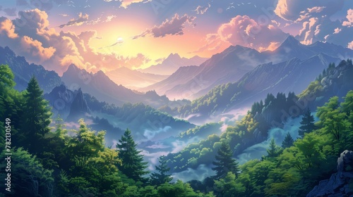 A natural landscape painting of mountains  trees  and a sunset sky in a valley