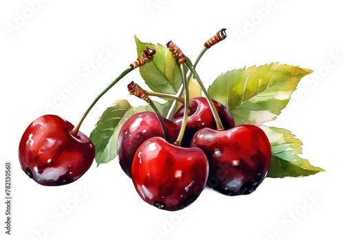 Illustration watercolor of fresh cherries, surrounded by green leaves, on transparent background with png file. Cut out background.
