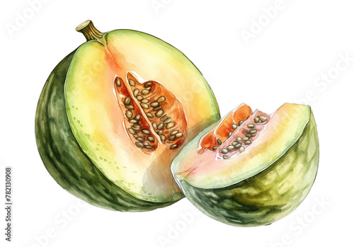 Illustration watercolor of Fresh ripe melon, on transparent background with png file. Cut out background.
