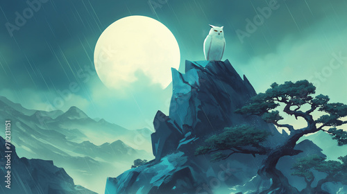 Coruja branca no topo de uma montanha na chuva e ao fundo a lua cheia - Ilustração photo
