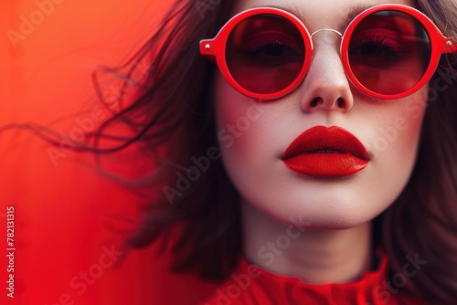 Stylish woman in red sunglasses and red lipstick posing against vibrant red background in fashion photoshoot