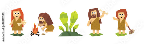 Prehistoric Stone Age Man Character and Plant Vector Set