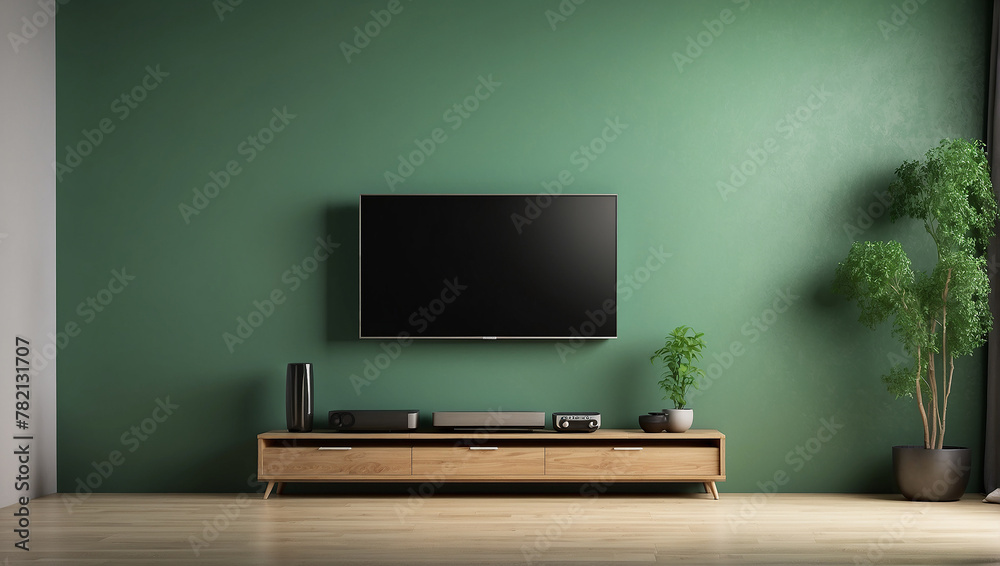 A television and plants in a green living room.

