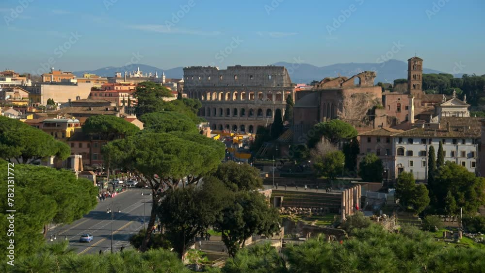 Distant view of the Colosseum with city view in the background, Rome, Italy