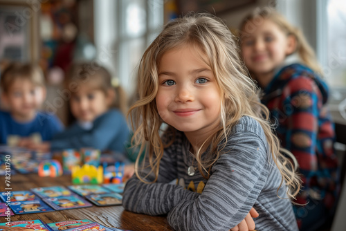 the portrait of a little girl in kindergarten smiling, playing with toys and her classmates
