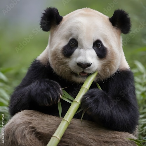 Giant Panda Enjoying A Fresh Bamboo Meal Amidst Lush Greenery. Panda Eats