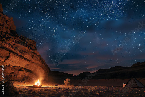 The desert night comes alive with a campfire's glow - stars overhead narrating the vastness of nature's grandeur