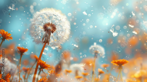 Dandelion close up with seeds flying on field summer