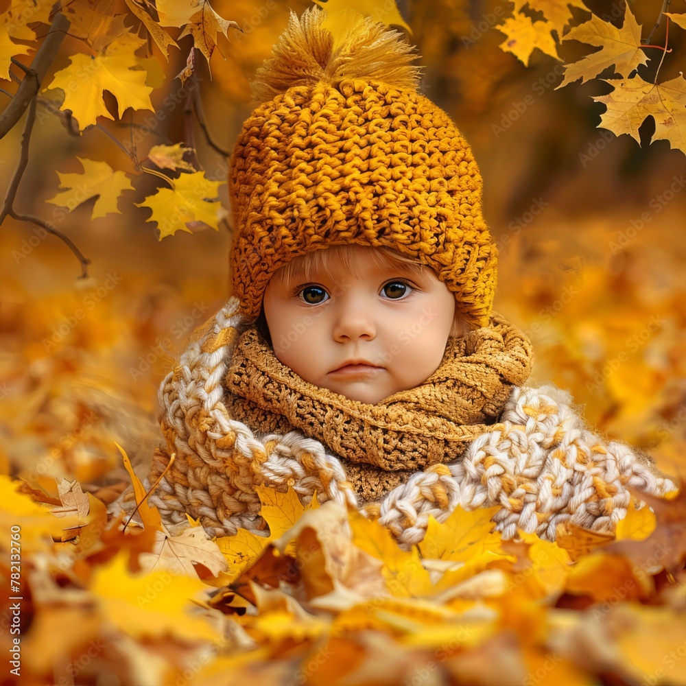 A charming autumn baby portrait amidst fall yellow leaves, featuring a little child in a woolen hat. Capturing the beauty of the season, the child is adorned in knitted clothing A charming autumn baby portrait amidst fall yellow leaves, featuring a little child in a woolen hat. Capturing the beauty of the season, the child is adorned in knitted clothing