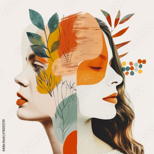 Contemporary art collage. Stylish young woman with bright make-up and abstract floral background.